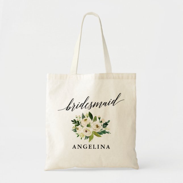 Calligraphy Green White Floral Bridesmaid Name Tote Bag (Front)