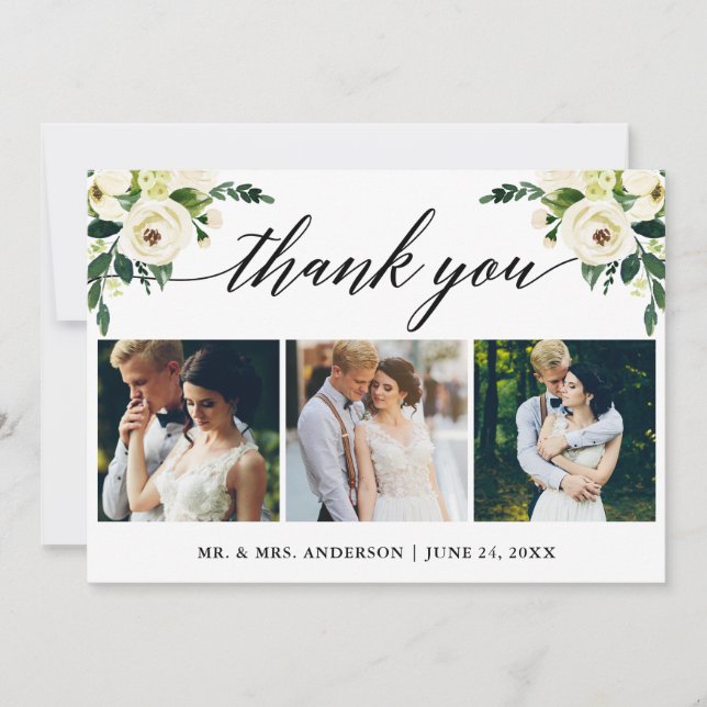 Calligraphy Green White Floral Wedding 3 Photo Thank You Card (Front)