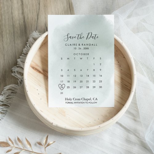 Calligraphy Green White Save the Date Calendar