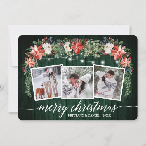 Calligraphy Green Wood 3 Photo Watercolor Floral Holiday Card