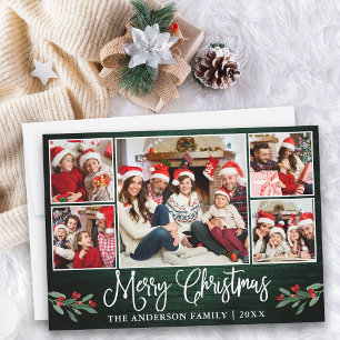 Calligraphy Green Wood Holly 5 Photo Christmas Holiday Card
