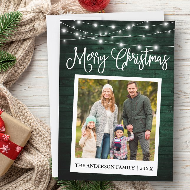 Calligraphy Green Wood Lights Instant Camera Photo Holiday Card (Customize to add text to back of card.)