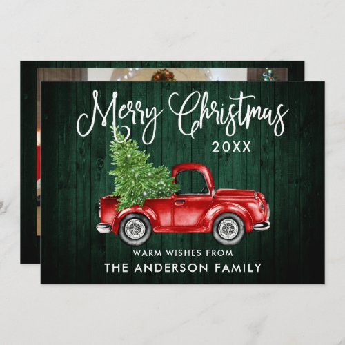 Calligraphy Green Wood Truck Christmas Photo Back Holiday Card