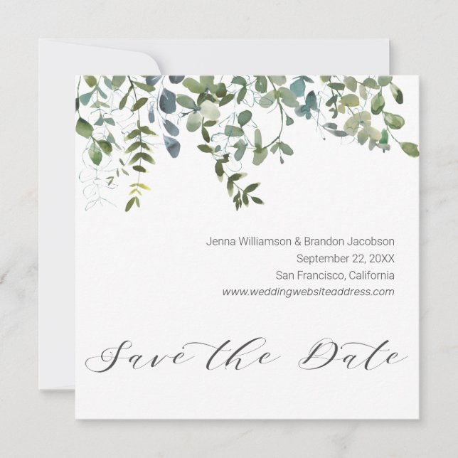 Calligraphy Greenery Eucalyptus Save the Date (Front)