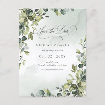 Calligraphy Greenery Eucalyptus Save the Date Announcement Postcard