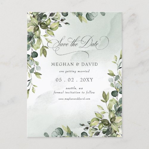 Calligraphy Greenery Eucalyptus Save the Date Announcement Postcard