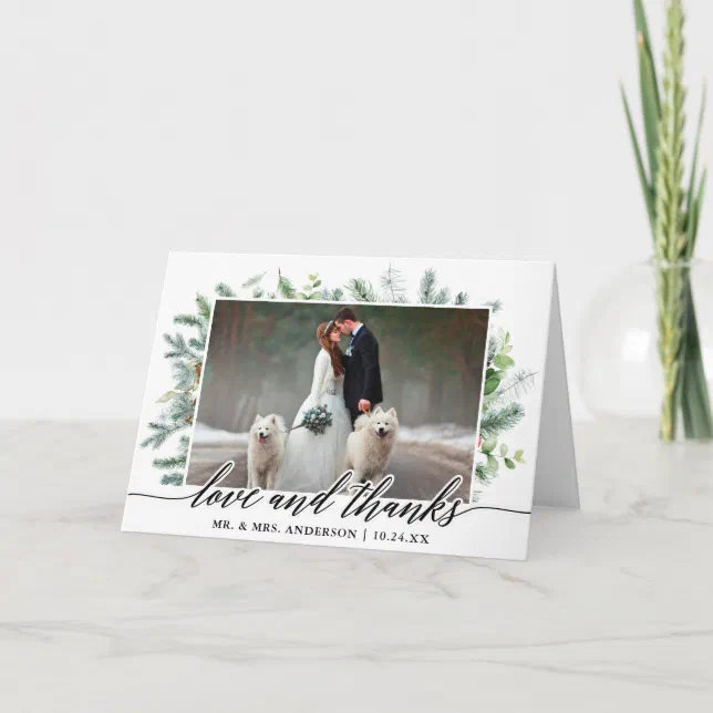 Calligraphy Greenery Pine Love Thanks Wedding Fold Thank You Card | Zazzle