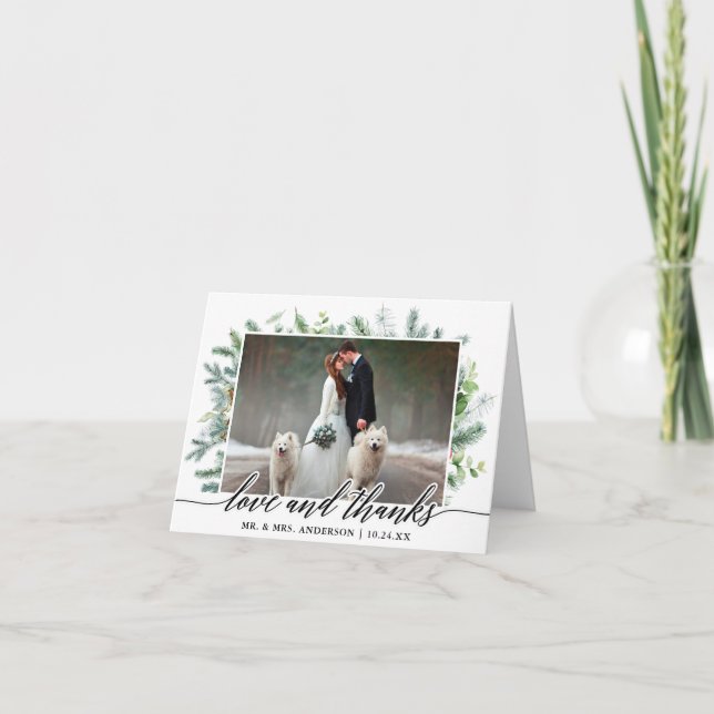 Calligraphy Greenery Pine Love Thanks Wedding Note Thank You Card (Front)