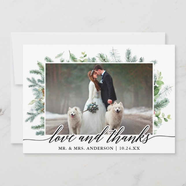 Calligraphy Greenery Pine Love Thanks Wedding Thank You Card (Front)