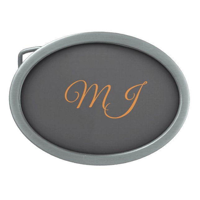 Calligraphy grey orange monogram name initial belt buckle (Front)