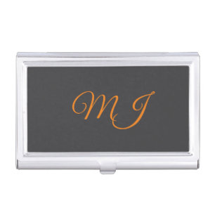 Calligraphy grey orange monogram name initial business card case