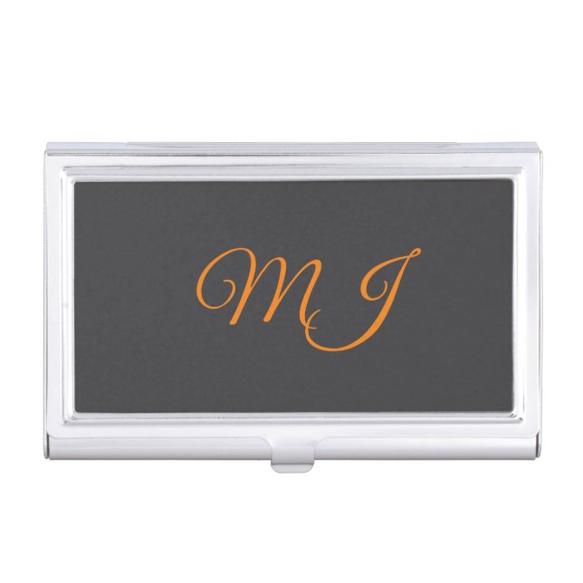 Calligraphy grey orange monogram name initial business card case (Front)