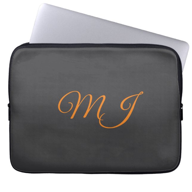 Calligraphy grey orange monogram name initial laptop sleeve (Front)