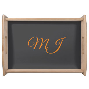 Calligraphy grey orange monogram name initial serving tray