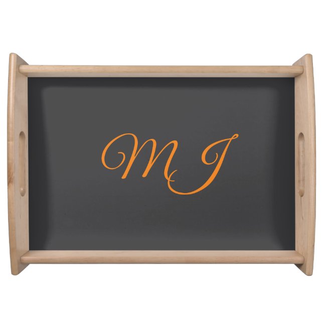 Calligraphy grey orange monogram name initial serving tray (Front)