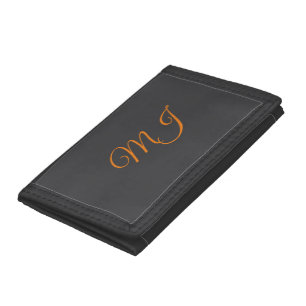 Calligraphy grey orange monogram name initial trifold wallet