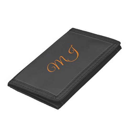 Calligraphy grey orange monogram name initial trifold wallet