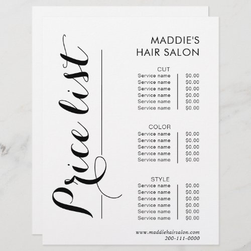 Calligraphy Hair Salon Price List