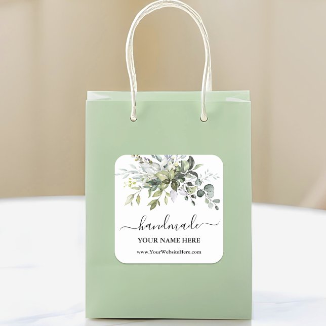 Calligraphy Handmade Watercolor Greenery Square Sticker (Customize to change text size, color or text style.)