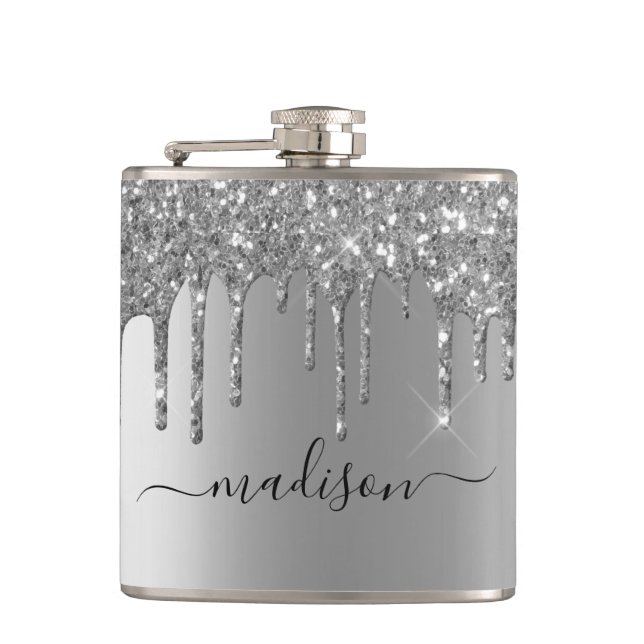 Calligraphy Handwritten Custom Silver Glitter Flask (Front)