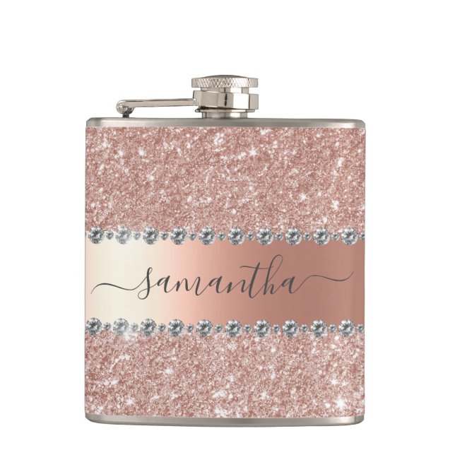 Calligraphy Handwritten Diamond Rose Gold Glitter Flask (Front)