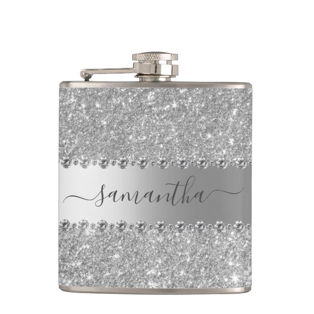 Calligraphy Handwritten Diamond Rose Gold Glitter  Flask (Front)