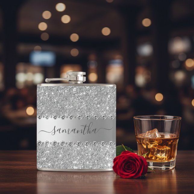 Calligraphy Handwritten Diamond Rose Gold Glitter  Flask (Creator Uploaded)