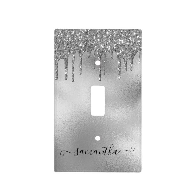 Calligraphy Handwritten Silver Glitter Drips Light Switch Cover (Front)
