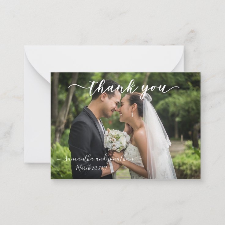 Calligraphy Handwritten Wedding Thank You Photo Note Card | Zazzle