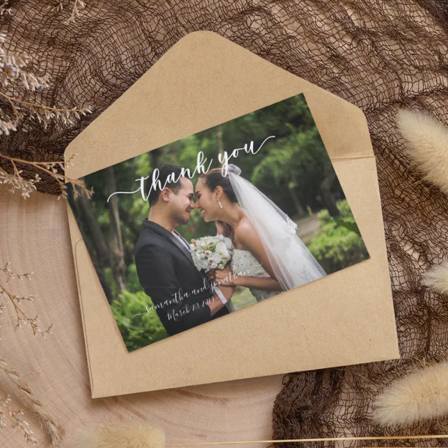 Calligraphy Handwritten Wedding Thank You Photo Note Card | Zazzle