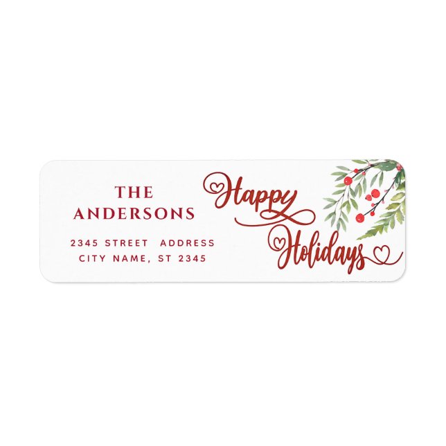Calligraphy Happy Holidays botanical holly Label (Front)