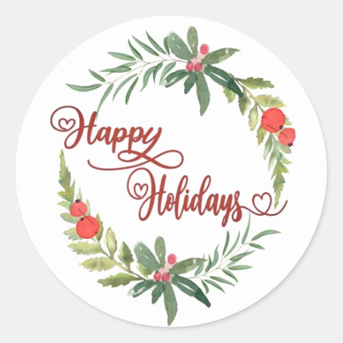 Calligraphy Happy Holidays botanical wreath Classic Round Sticker