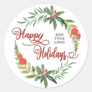 Calligraphy Happy Holidays botanical wreath logo Classic Round Sticker