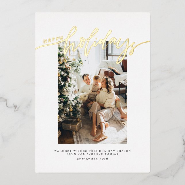 Calligraphy Happy Holidays Christmas Family Photo Foil Holiday Card (Front)
