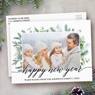 Calligraphy Happy New Year Pine Greenery Photo Postcard