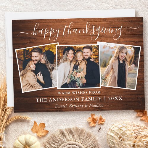 Calligraphy Happy Thanksgiving Wood 3 Photo Holiday Card