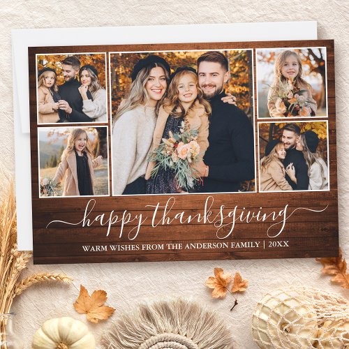 Calligraphy Happy Thanksgiving Wood 5 Photo Holiday Card