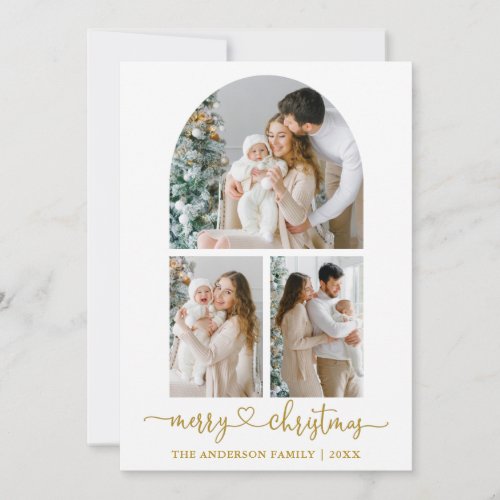 Calligraphy Heart 3 Photo Arch Christmas Gold Holiday Card