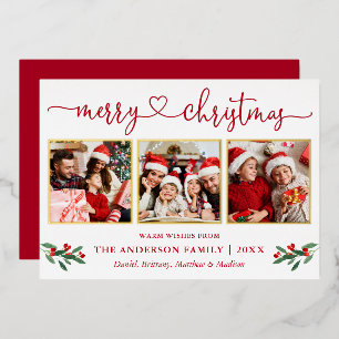 Calligraphy Heart 3 Photo Christmas Holly Red Gold Foil Holiday Card