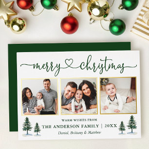 Calligraphy Heart 3 Photo Christmas Pines Gold Foil Holiday Card
