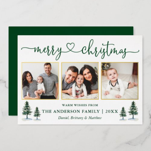 Calligraphy Heart 3 Photo Christmas Pines Gold Foil Holiday Card