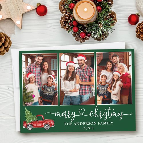 Calligraphy Heart 3 Photo Christmas Red Truck  Holiday Card