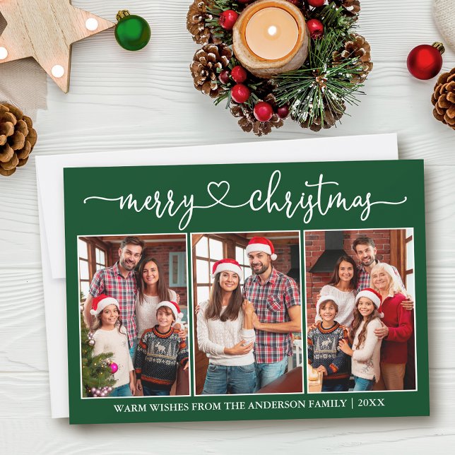 Calligraphy Heart 3 Photo Green Merry Christmas Holiday Card (Customize to add text to back of card or to change background color of card.)