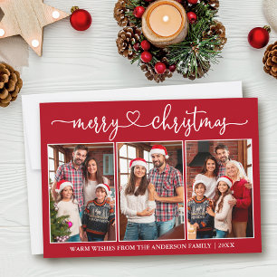 Calligraphy Heart 3 Photo Red Merry Christmas Holiday Card