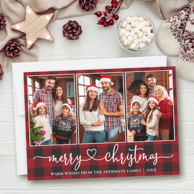 Calligraphy Heart 3 Photo Red Plaid Christmas Holiday Card (Customize to add text to back of card.)
