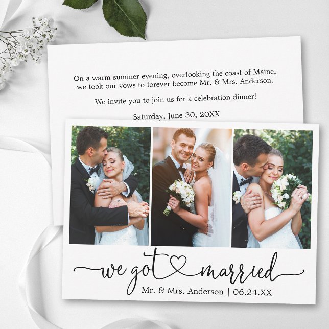 Calligraphy Heart 3 Photo Wedding After Party Announcement (Customize with your photos and text.)