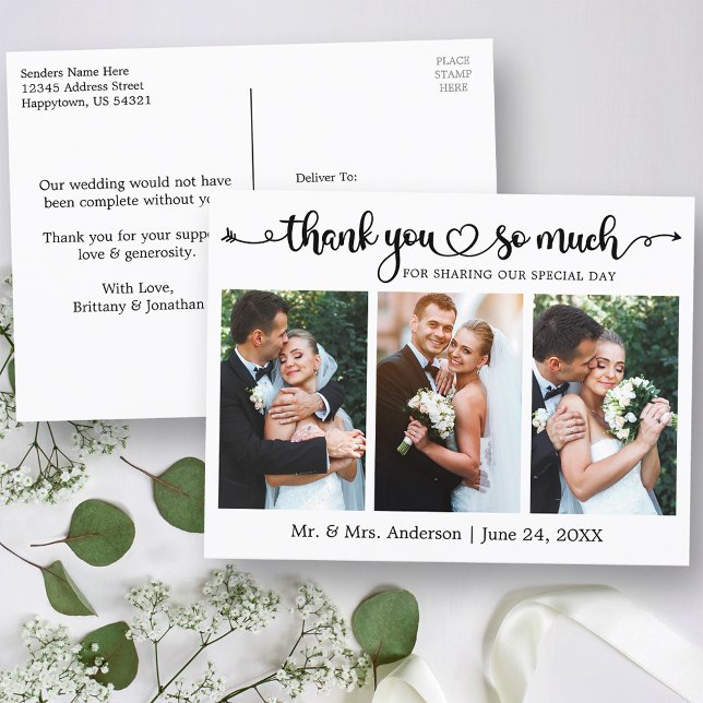 Calligraphy Heart 3 Photo Wedding Thank You Postcard (Customize to change your personalized text size or text style.)