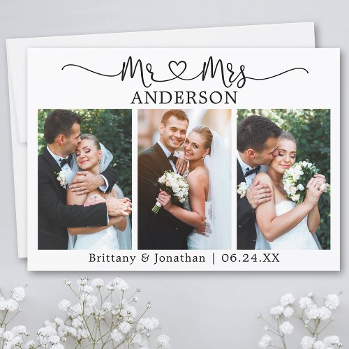 Calligraphy Heart 3 Photos Mr and Mrs Wedding Thank You Card
