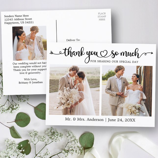 Calligraphy Heart 3 Photos Wedding Thank You Postcard (Customize to change your personalized text size or text style.)