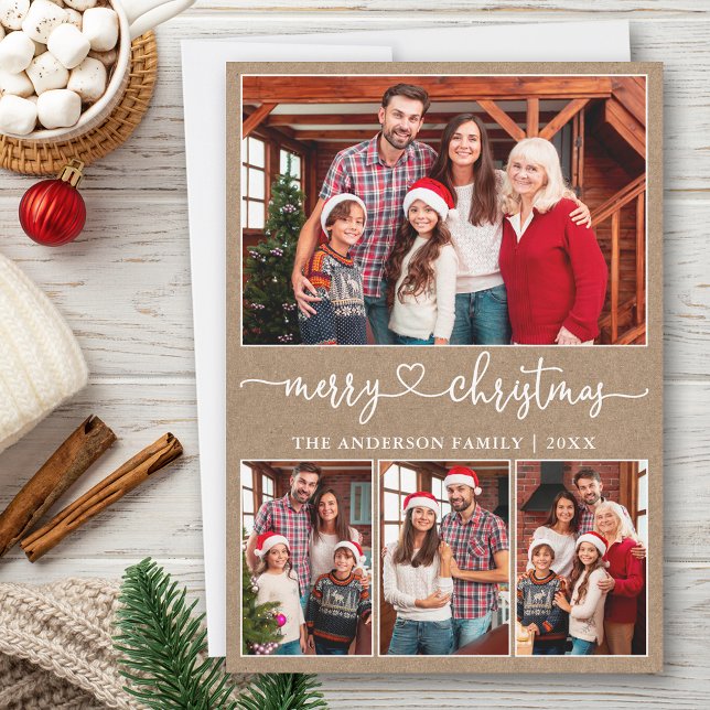 Calligraphy Heart 4 Photo Kraft Merry Christmas Holiday Card (Customize to add text to back of card.)